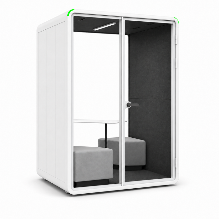 FocusPod Duo product render with optional table and two grey stools